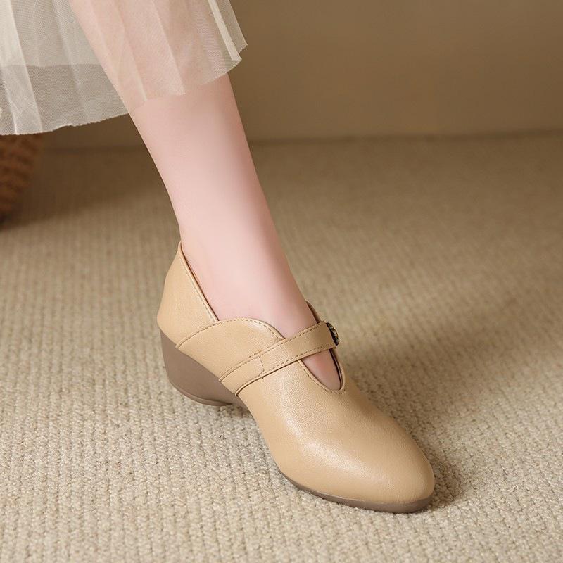 Single Shoe Women's New Style Pointed-toe Soft-soled Mid-heel Leather Shoes, One-piece Slip-on Shoes