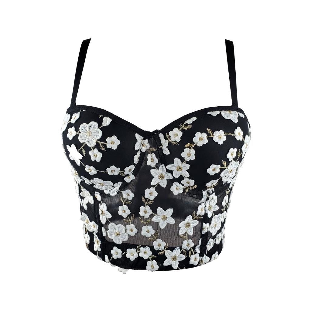 Spring/summer Gold Thread Embroidered Elegant Tank Top Fresh and Cute Slim-fitting Mini Tank Top with Underwire Bra Top Camis & Tank Tops