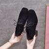Square head small leather shoes women's autumn black sheepskin high heels lace-up thick heel single shoes four seasons shoes