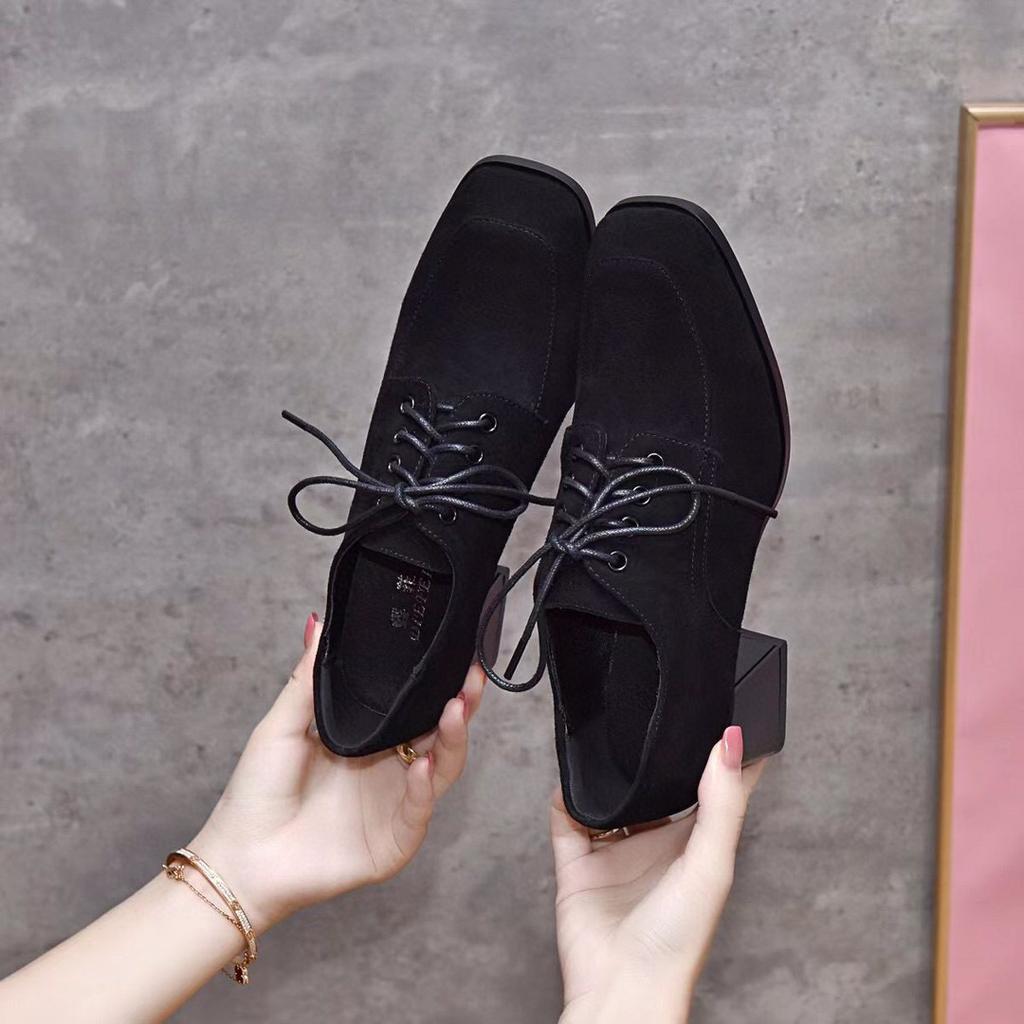 Square Head Small Leather Shoes Women's Autumn Black Sheepskin High Heels Lace-up Thick Heel Single Shoes Four Seasons Shoes