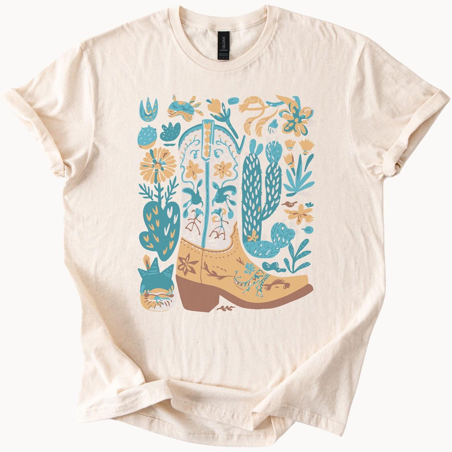 Western Cowboy Boot Graphic Tee Desert Cactus Floral Wildflower Art Southwestern Country Shirt Cowgirl Boho Nature Gift 140