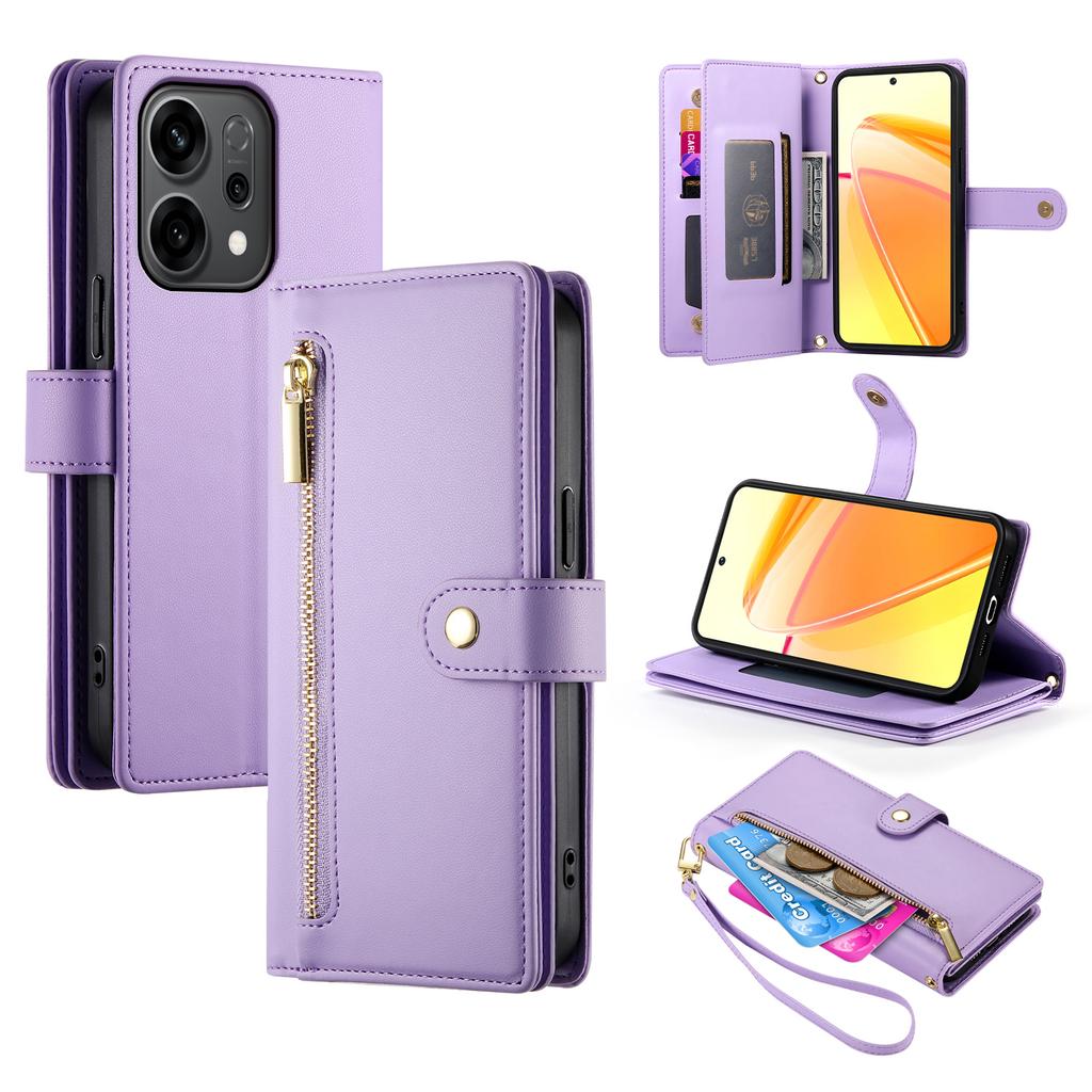 For Oppo Reno14 F 5G Case Zipper Pocket Wallet Leather Phone Cover with Straps