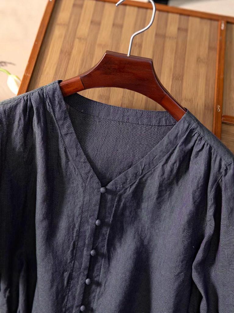 2026 Spring Women's Long Sleeve V-Neck Hemp Shirt - Artistic, Solid Color, Casual & Versatile.
