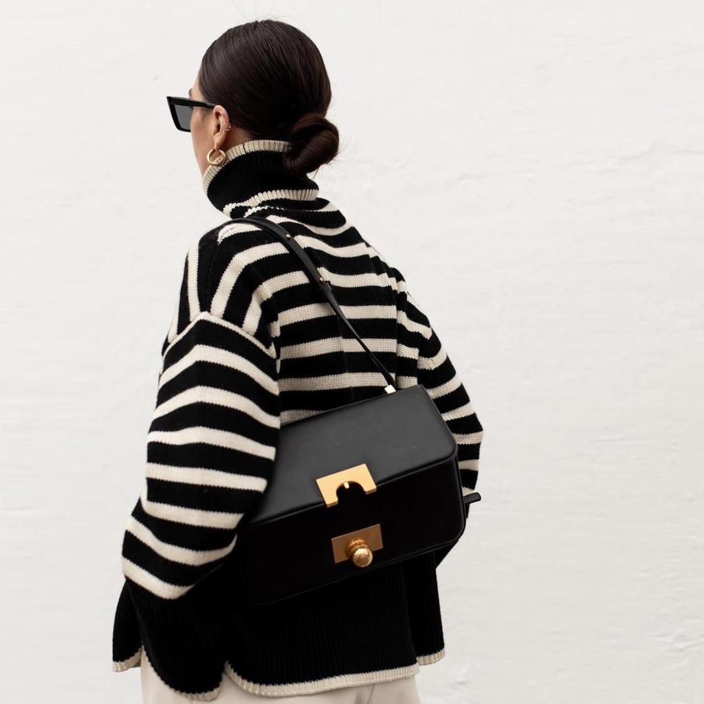 Women Fall Winter Turtleneck Long Sleeve Knit Striped Slit Loose Sweater