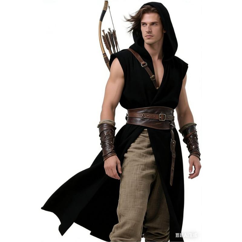 Men's Medieval Hooded Surcoat Renaissances Tabard Sleeveless Tunics Cloak Themed Costume Holloween Assassin Cosplay