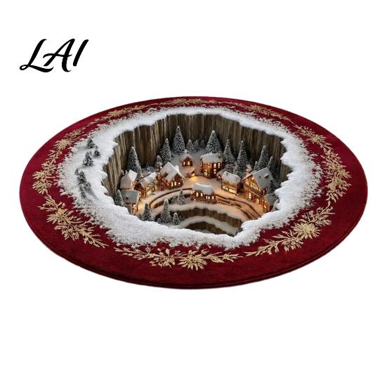 Living Room Holiday Carpet Christmas 3D Rug Illusion Area Round Decorative Optical Floor Mat Festive for Indoor Home Decoration Winter Seasonal Rug