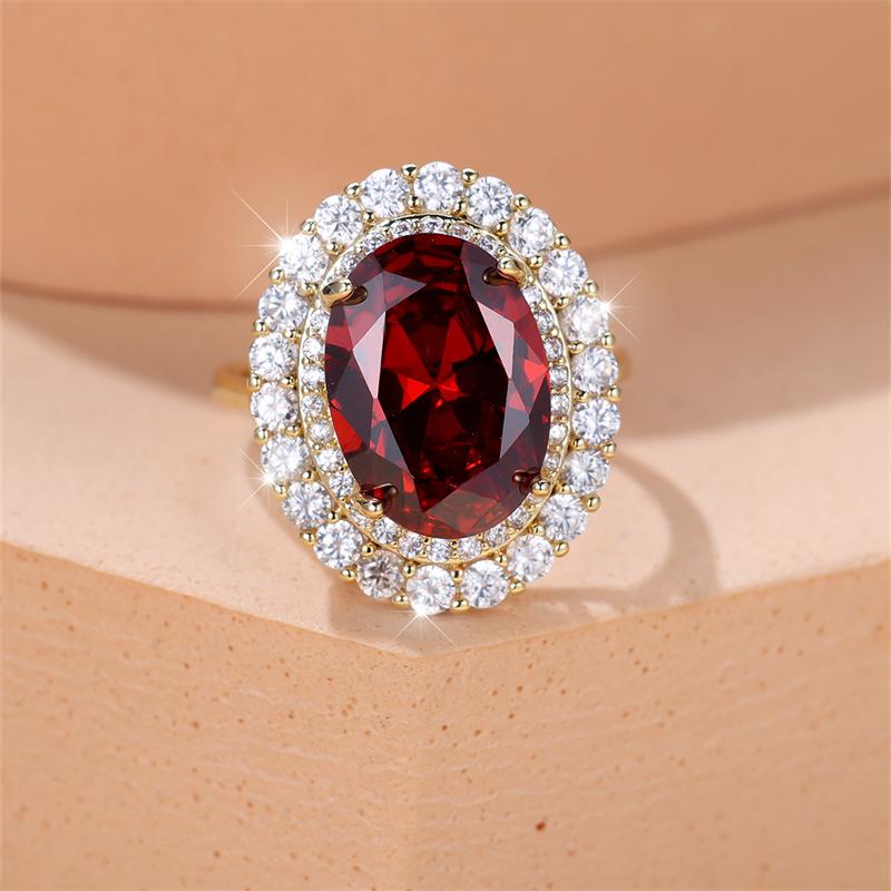 Damen Luxus Großer Roter Stein Oval Eheringe Antik Goldfarbe Vintage Zirkon Verstellbar Verlobung Cocktailring Schmuck CZ