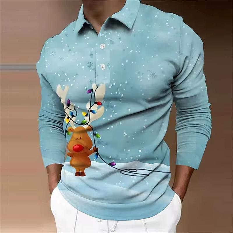 Essential! Christmas Print Long Sleeve Polo, Stylish Casual Top