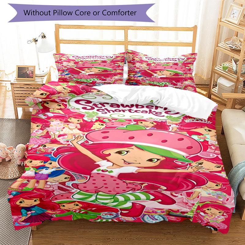 3pcs Princess Strawberry3 Design Cover Set - HD Printed Bedding with 1 Cover and 2 Pillowcases - Perfect for Home and Dorm Decor