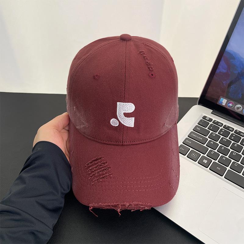 Retro ripped embroidery letters baseball cap men's spring and summer versatile big head circumference showing face small peaked cap women