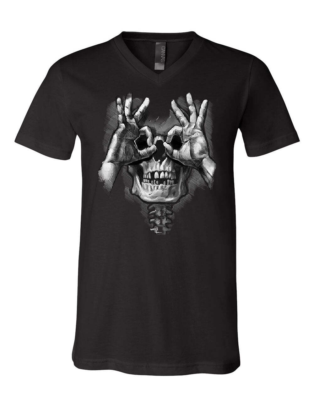 Skull Face Hand Goggles V-Neck T-Shirt Funny Dead Eye Staring Skeleton Tee S разноцветный