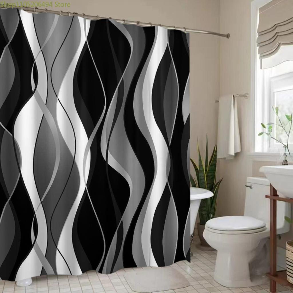 1pc Black & White Print Pattern Polyester Shower Curtain - No-Drill Hooks, Machine Washable Bathroom Decor with Modern Abstrac
