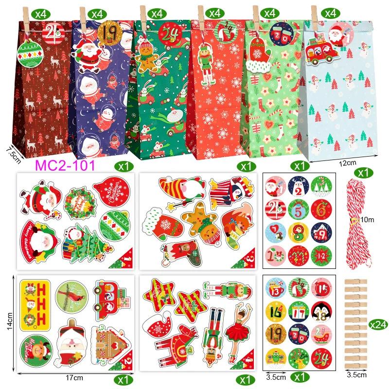 24pcs/Set Kraft Paper Bags with Stickers Snowflake Cookie Food Bag Merry Christmas Candy Gift Bag Xmas Decoration Packing