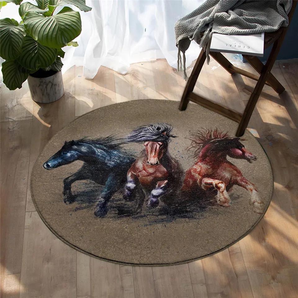 3D Running Horses Round Carpet Non-slip Mat Luxury Wild Horse Area Rug for Game Room Bedroom Decoration