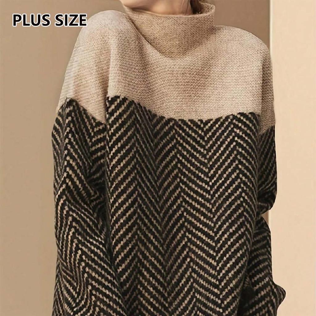 Cross-border autumn and winter stand-up collar contrasting colors loose casual versatile lazy style large size women's knitted sweater
