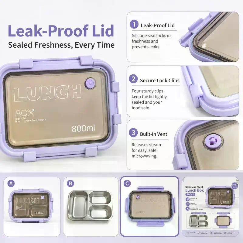 800ml Lunch Box Stainless Steel Bento Food Container Leakproof Pink Green Purple