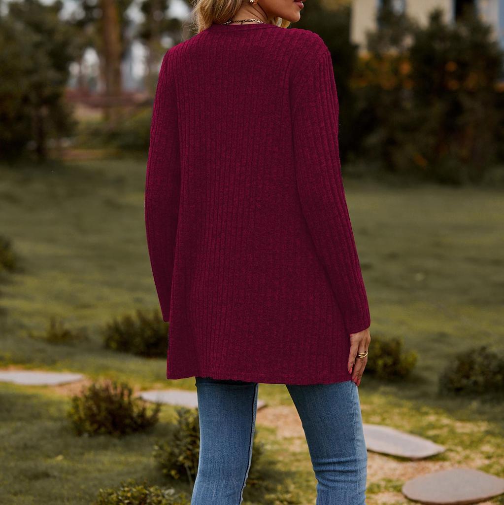 Women's Solid Color Buttoned Cardigan - Striped, Sanded, Long-Sleeve (2024 Autumn/Winter)