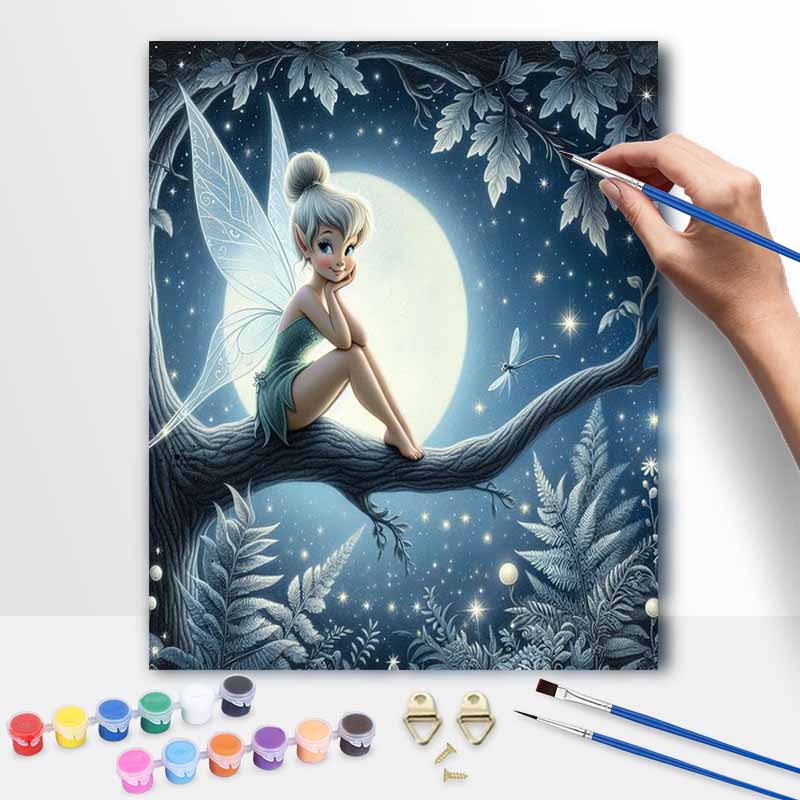 Disney Kit de Pintura DIY Tinkerbell Estilo Clássico Decoração de Casa Artesanato Ideia de Presente Arte de Parede Fada Pixie Magia Floresta Noturna Cena Iluminada pela Lua Decoração