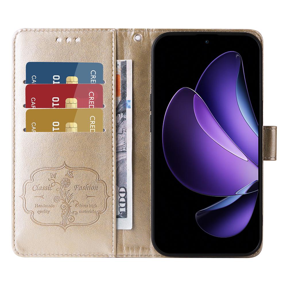 

For Oppo Reno13 F 5G Leather Case Butterfly Floral Imprint Wallet Stand Cover Gold