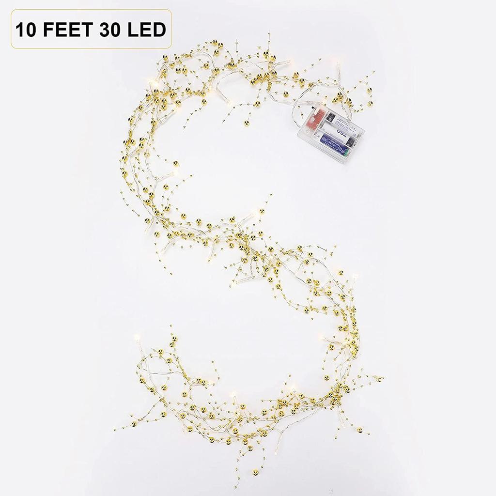 10 Feet 30 LED Christmas String Light Metal Berry Beaded Garland Indoor For Fireplace Mantel Indoor Xmas Tree Christmas Decorations(Gold)