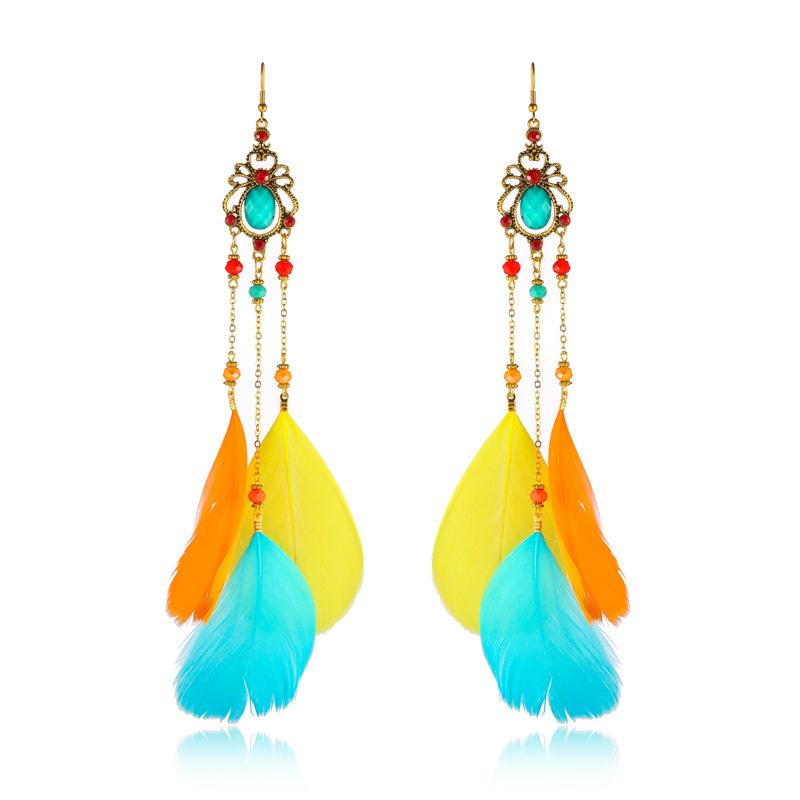 New Bohemian Crystal Copper Chain Feather Long Drop Earrings for Women Retro Gypsy Ethnic Temperament Gold Color Jewelry Gift
