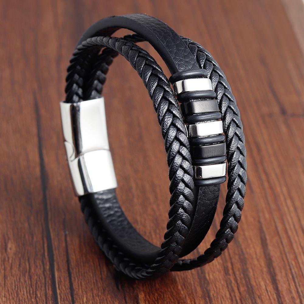 

New 3 Layers Black Gold Trendy Style Design Genuine Leather Bracelet for Men Steel Magnetic Button Birthday Gift Male Bracelets 19cm чёрный
