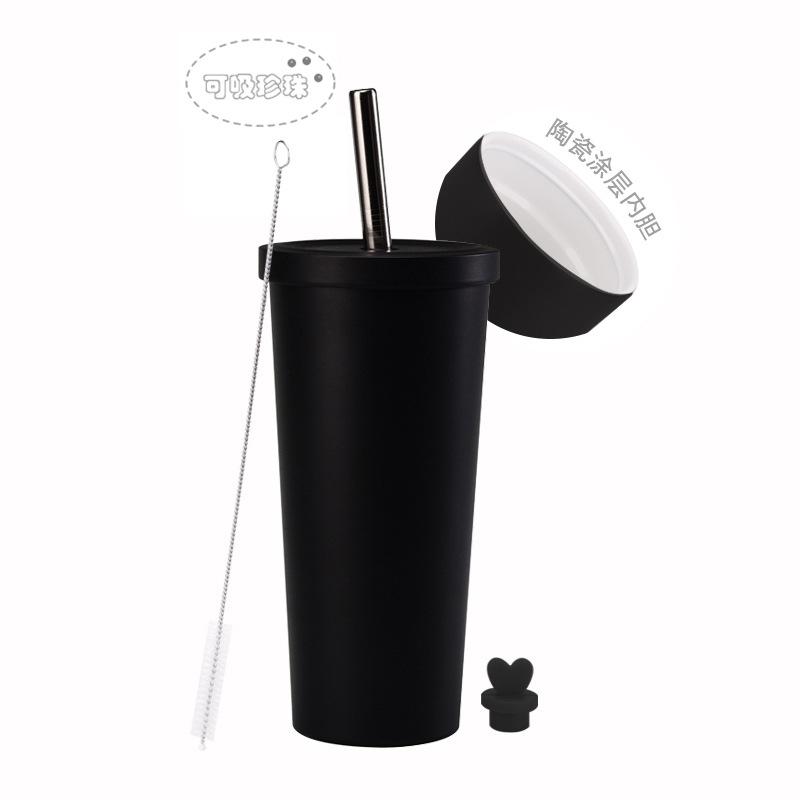 2025 Stainless Steel Straw Cup Ceramic Liner Bubble Tea Cup Vacuum Double-Layer Straw Thermos Cup
