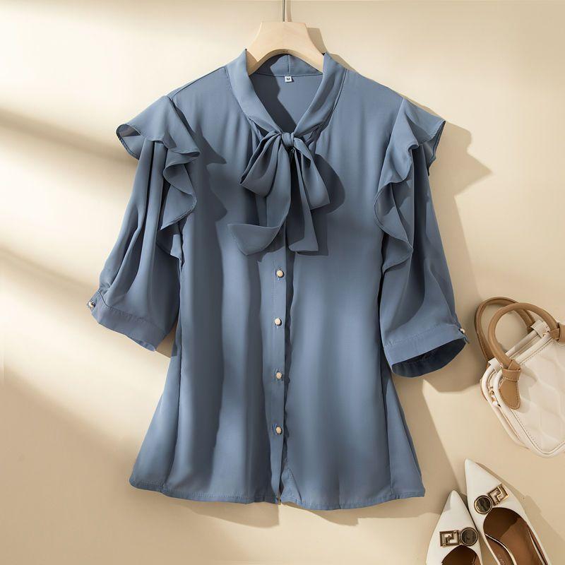 WTEMPO Brand Niche Chic Chiffon Blouse Thin Bow Temperament Hundred with Seven-point Sleeve Thin Shirt Fashion Casual Hundred with Outside Wear Tops