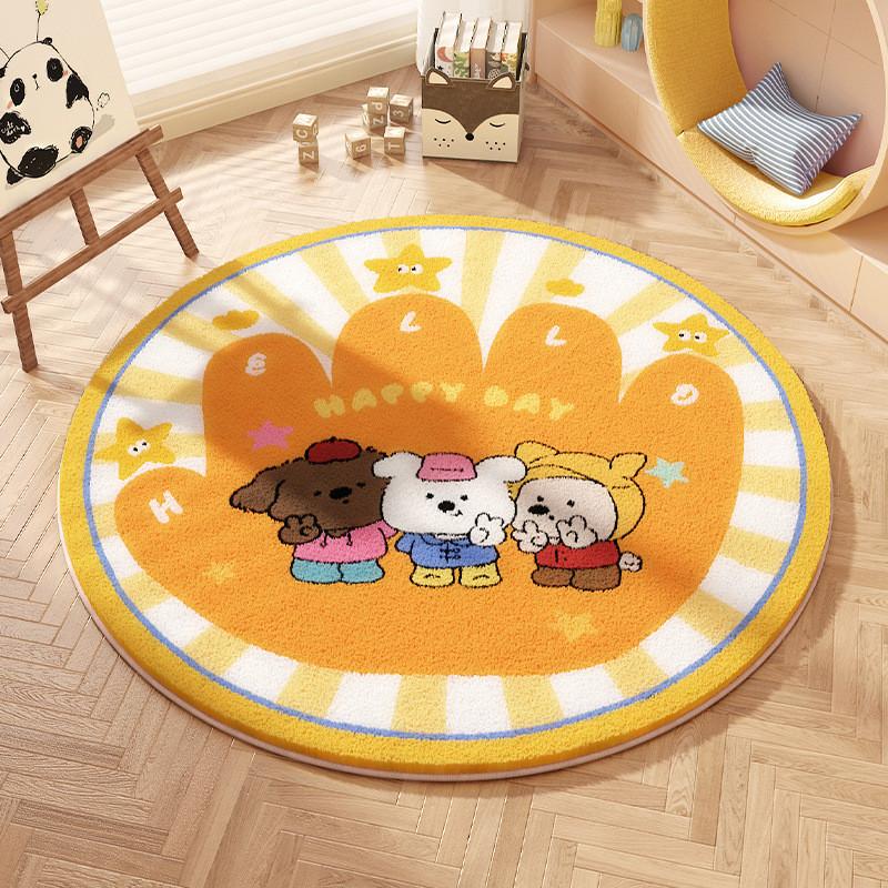 Cartoon Animal Pattern Circular Carpet With Water Wash For Kids Bedroom And Lounge Area