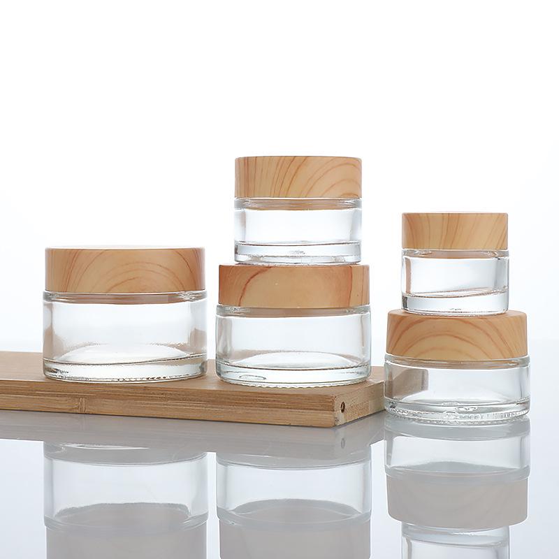 Transparent Glass Cream Jar with Wood Grain Lid for Cosmetics