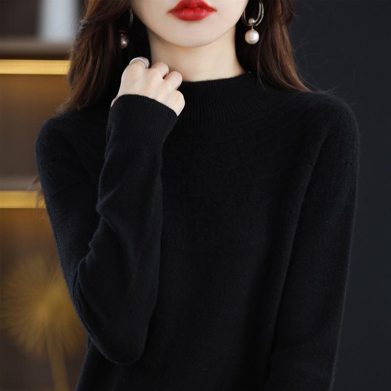 Seamless Pure Wool Women's Half-High Neck Hollow Pullover Sweater - Warm, Slim-Fitting Base Layer Knitwear