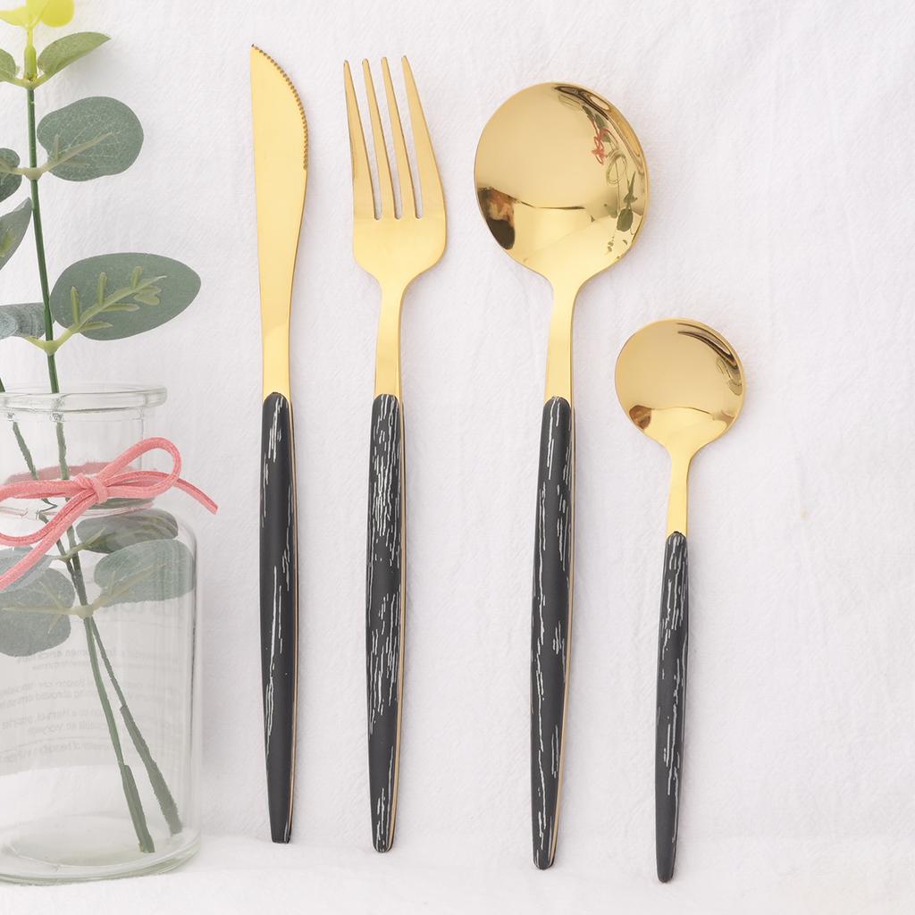 24 ks Černozlatá sada příborů s dřevěnou rukojetí Nerezová sada nádobí Nůž Vidlička Kávová Malé lžičky Stolní nádobí Kuchyňské Stříbrné nádobí
