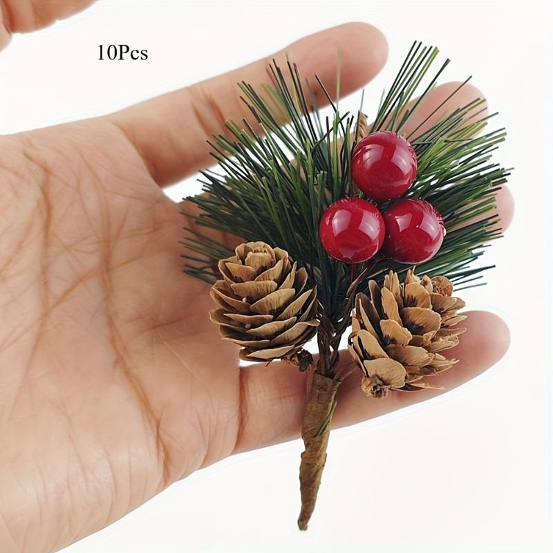 10 Pieces of Simulated Pine Cone Red Berry Cuttings Decoration Ornaments Pine Needle Mini Christmas Tree Accessories. as the picture