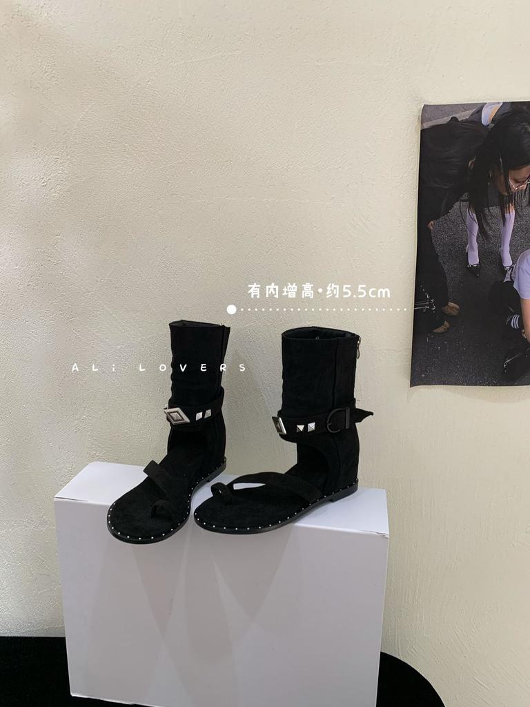 2025 European and American New Fashion Inner Height Increase 5.5CM Toe Sandals Slope Heel Roman Women's Rivets Casual Cool Boots