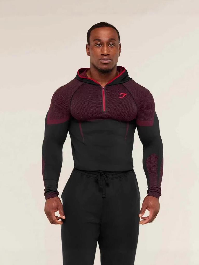 GYMSHARK Men's Onyx High Stretch Long Sleeve Hooded Fitness T-shirt