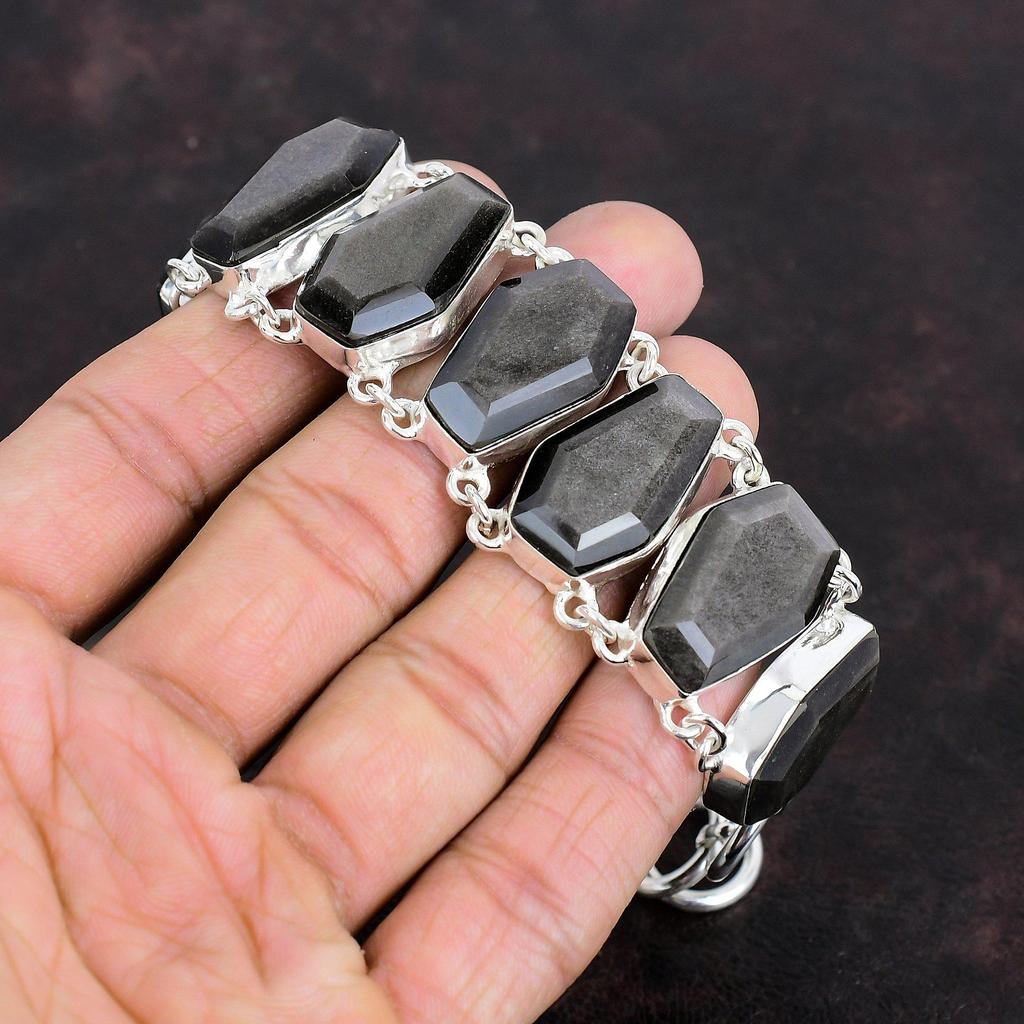 Pulseira facetada de obsidiana prateada com brilho, joia de pedra preciosa, pulseira de prata esterlina 925, pulseira com corrente ajustável, pulseira feita à mão para presentes