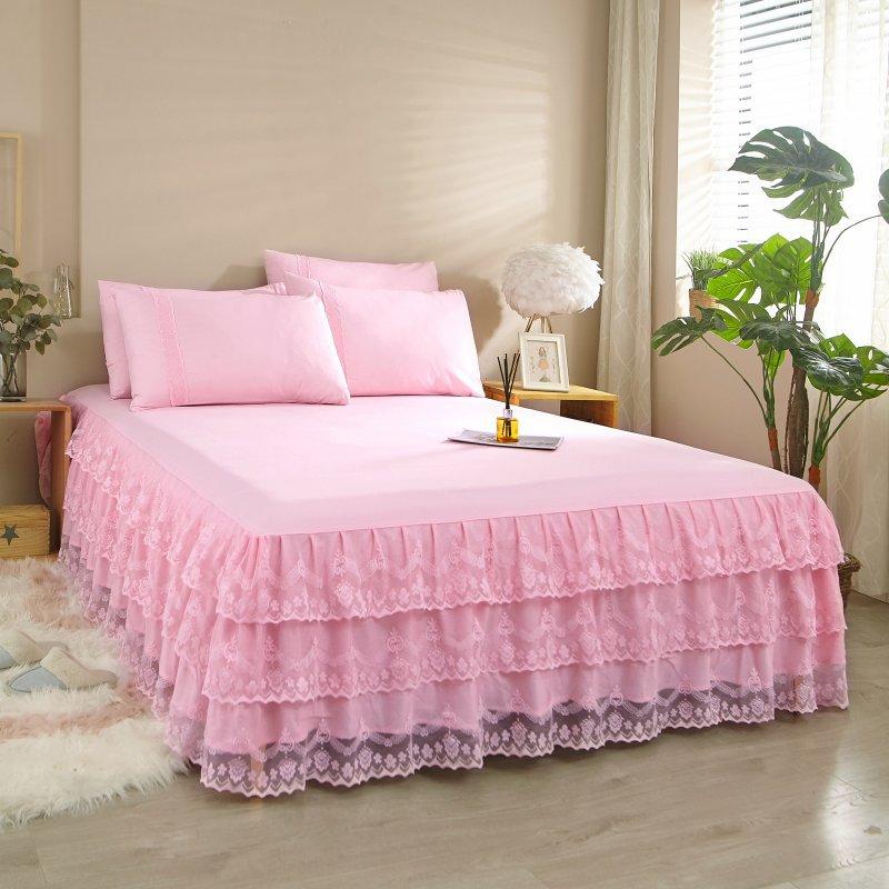 3pcs Double-Layer Lace Edge Sanded Solid Color Light Luxury Gray Bed Skirt Three-Piece Set 1Ps Bed Skirt + 2pcs Pillowcase