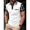 Herren Schwarz Revers Polohemd, Grau Kariert Kragen und Manschette Patchwork Kurzarm Oberteile Sommer Business Casual Tägliche Kleidung T-Shirts