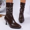 Pointed Toe Vintage High Heel Fashion Boots 2026 Winter Plush Pleated Short Boots for Women Warm Botines Brown Zapatos De Mujer