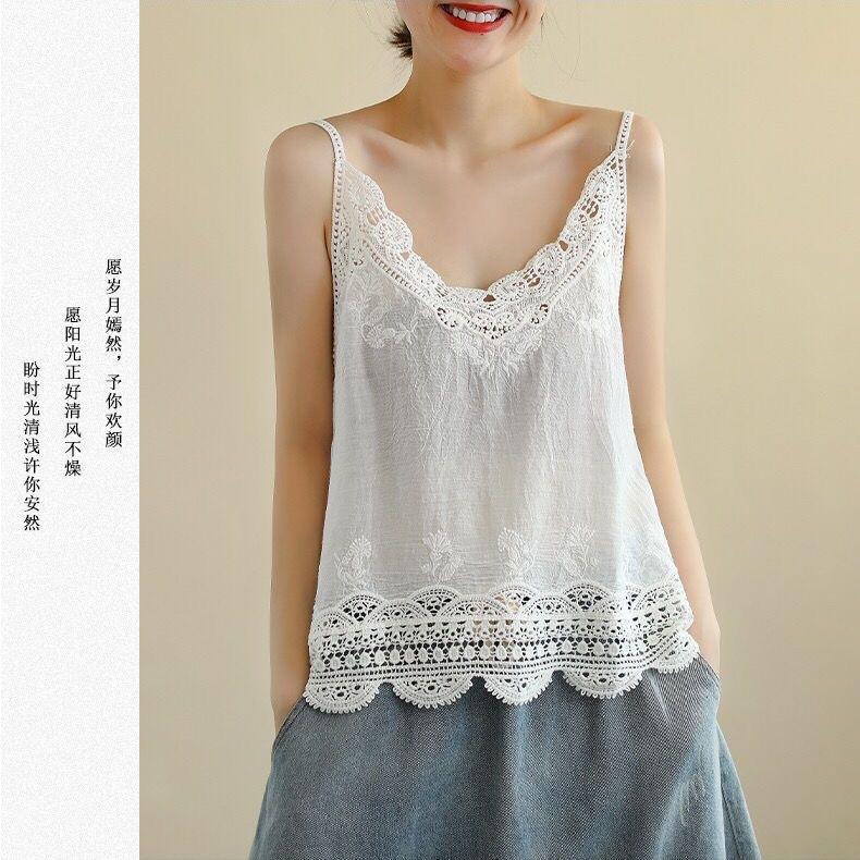 

Literary and artistic style cotton and linen small suspenders are versatile, summer new bottoming shirt breathable hollow air-conditioned room vest One size fits all