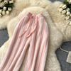 Autumn Winter Women Lazy Style Striped Knitted Sweater Drawstring Wide-leg Home Pant Trouser