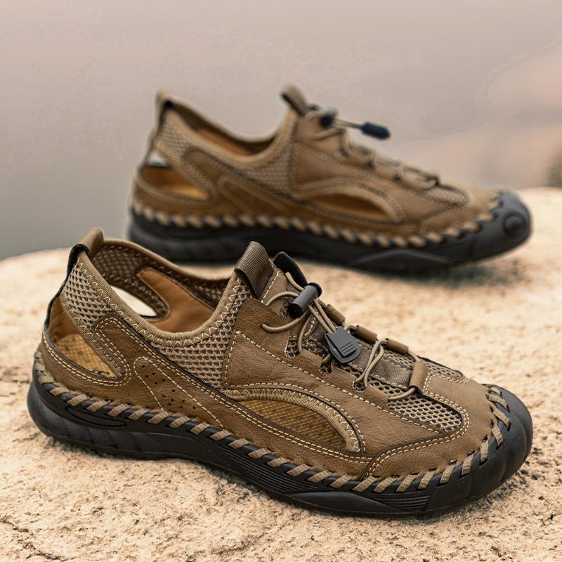 Herren-Sandalen aus Mikrofaser-Leder, handgenäht, atmungsaktives Mesh, lässig, weich