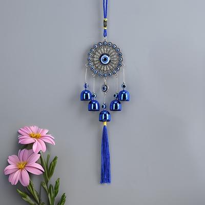 1 Piece Blue Eye Bell Tassel Flower Plate Wind Chime Entrance Window Wall Hanging Outdoor Corridor Balcony Courtyard Decoration