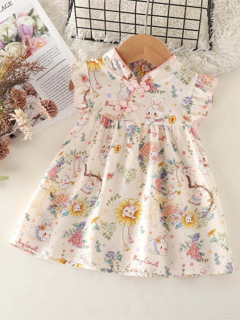 Sommer Baby Mädchen Cartoon Hase & Sonnenblume Cheongsam Kleid mit Flatterärmeln