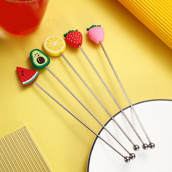 Yousheng Cocktail Stir Stick, Stainless Steel Cocktail Mixing Stick, with Durian Pineapple Strawberry Watermelon Rubber Top Decor, Drink Stirrer