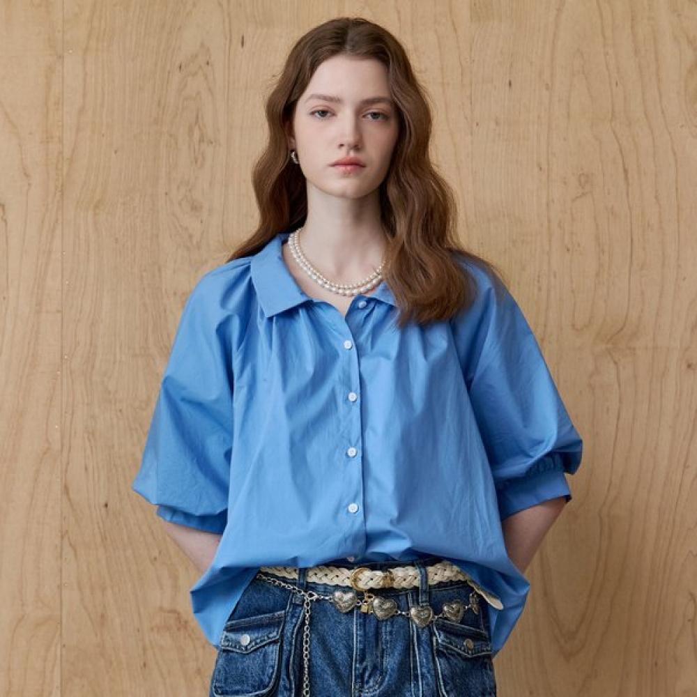 Maxza Shirring Balloon Sleeve Short Sleeve Shirt Blouse Ze06qb015nh Blue/FREE