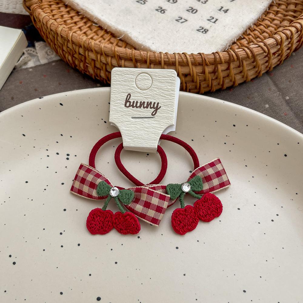 2pcs Red Plaid Bow Cherry Apple Children's Hairpin Cute Girl Elastic Hair Band Hair Rope Tie BB Clip Sweet Baby Hair Accessories
