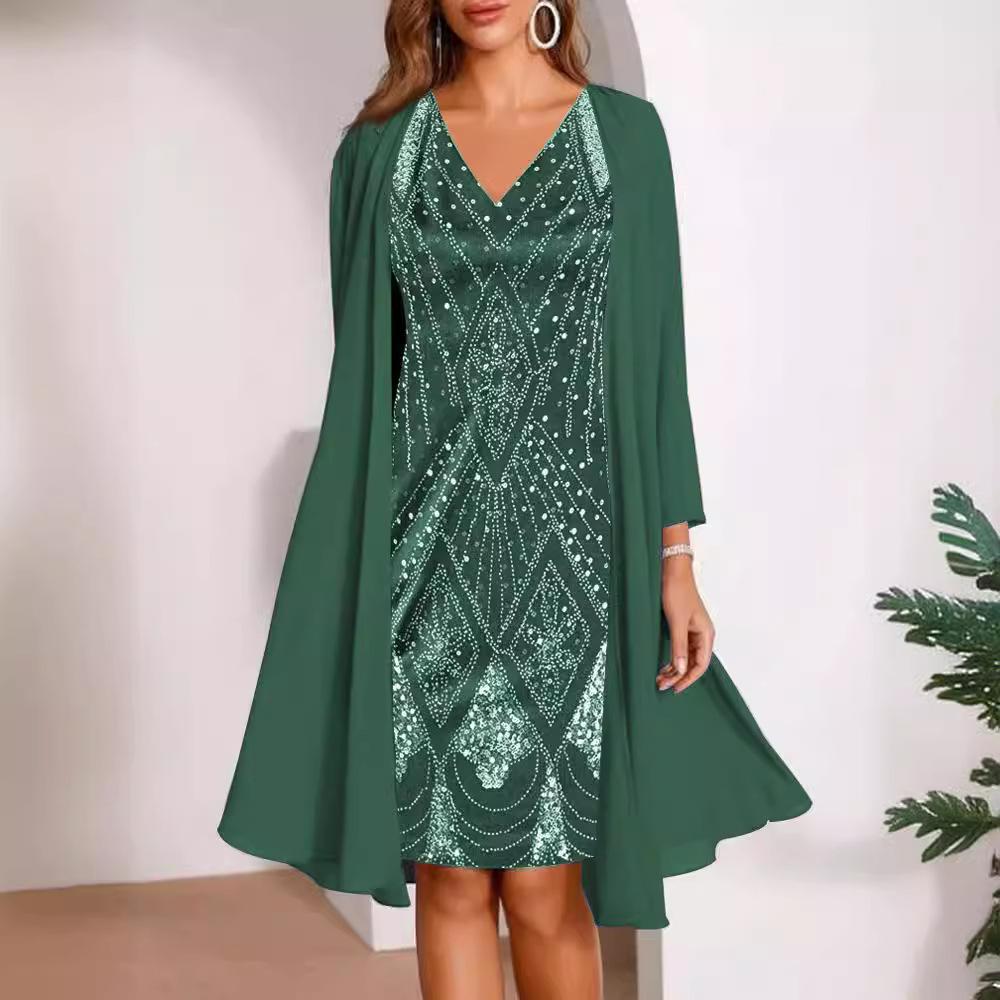 Women's Blue Sequin V-Neck Dress with Matching Cardigan, Available In 6 Colors