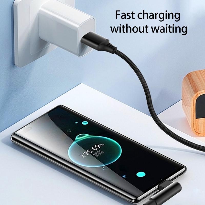 L Shape Type C Charging Cord 6A Fast Charging Cable with Reinforced Braiding for Smartphones Pad Available in 3 Size