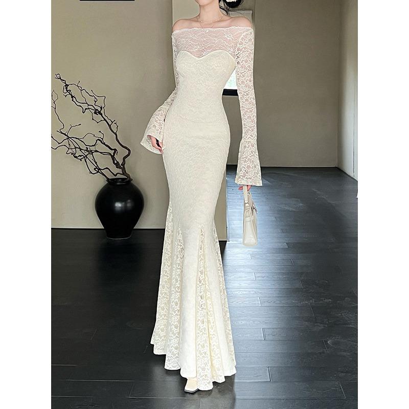Ilya One-word Shoulder Lace Dress Women, French Long-sleeved Slim-fit High-end Temperament Dress Women